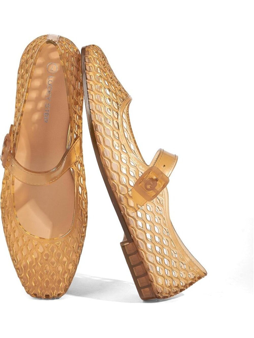 Women's Beige Comfortable Jelly Ballet Buckle Strap Mesh Clear Beach Sandals